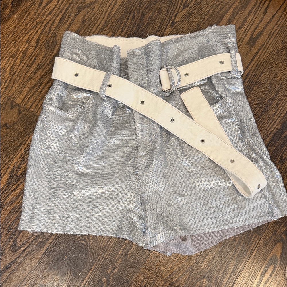 Silver Sequin Women's Shorts with White Belt - iro size 8